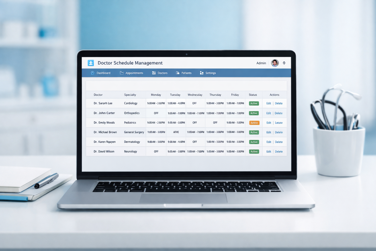 Личный кабинет администратора с табличным интерфейсом управления расписанием
