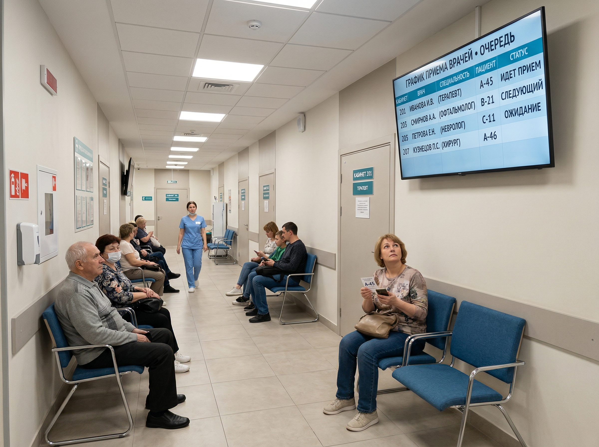 Табло расписания в коридоре медицинского учреждения