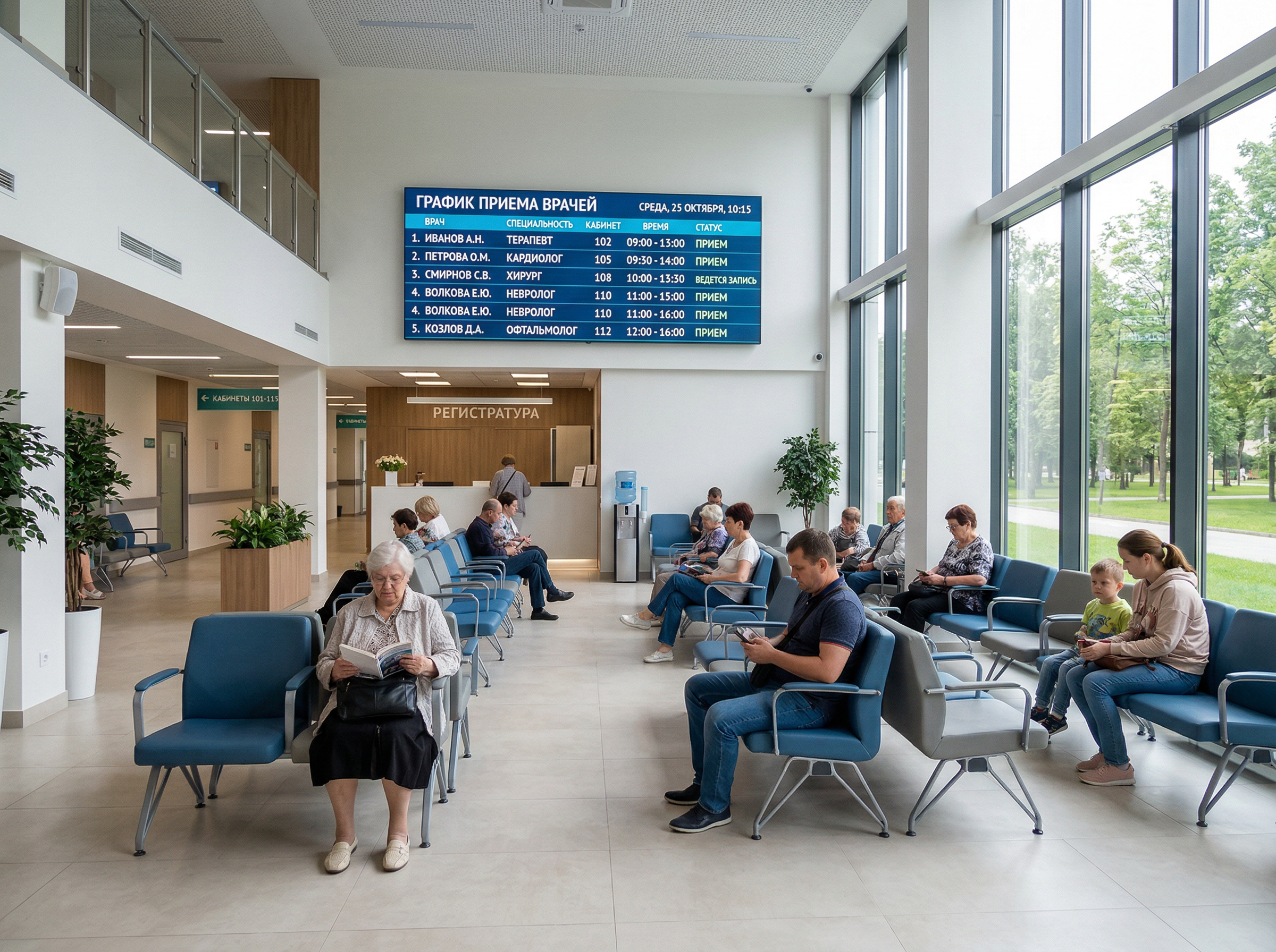 Большой зал ожидания с электронным табло расписания врачей
