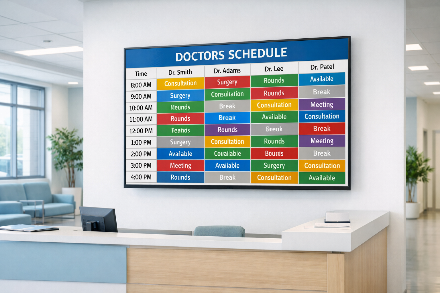 Электронное табло расписания врачей в холле медицинского учреждения